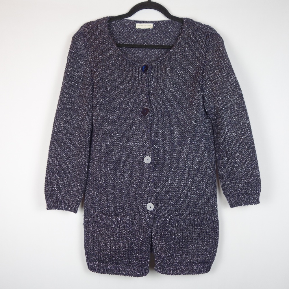 Roberto Collina Purple Metallic Heavy Knit Cardigan Sweater Made In Italy, Sz L